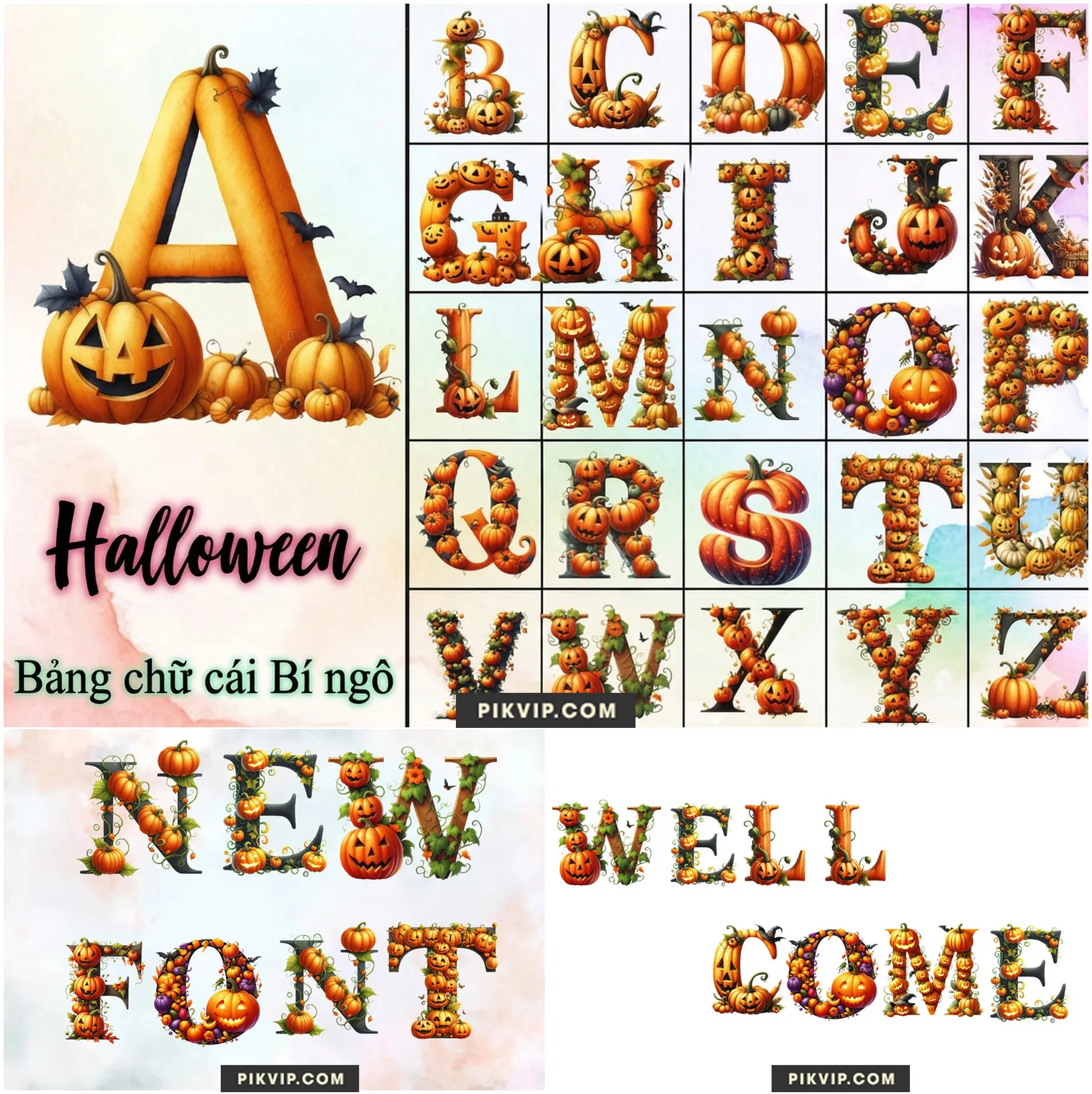 Bảng Chữ Cái Bí Ngô Halloween Tuyệt Đẹp Kèm Dây Leo