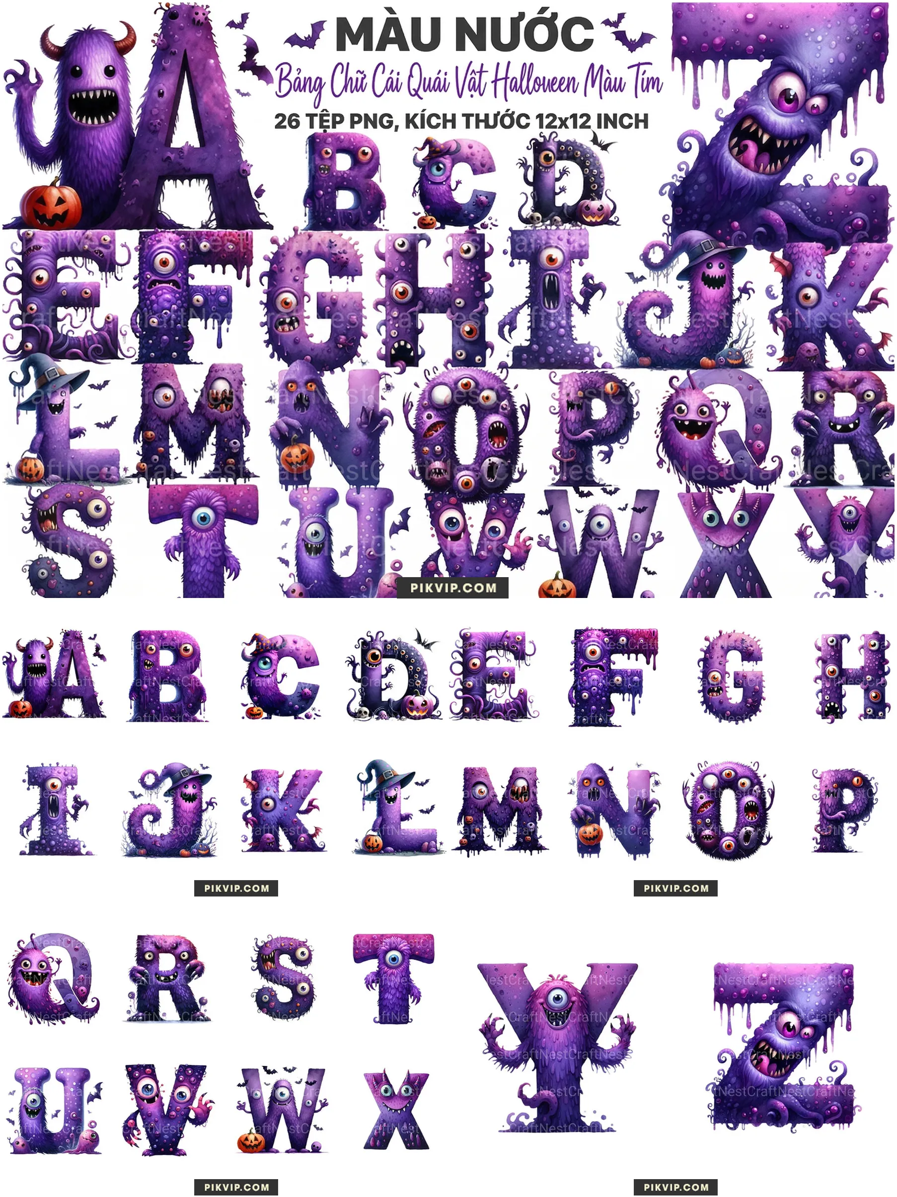 Bộ Chữ Cái Quái Vật Màu Tím Halloween Độc Đáo