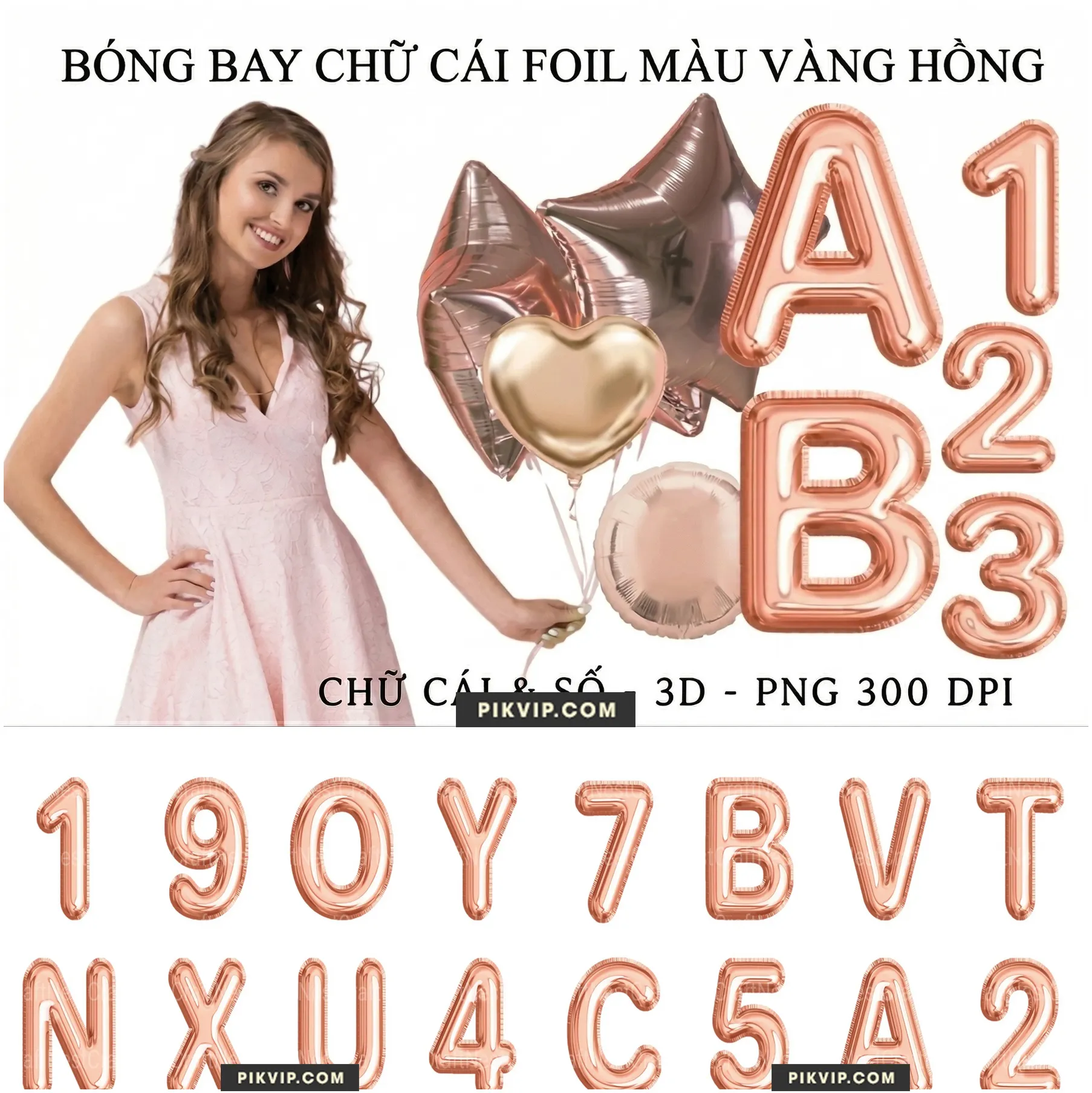 Bộ Bóng Bay Chữ Cái Foil Màu Vàng Hồng 3D Sang Chảnh