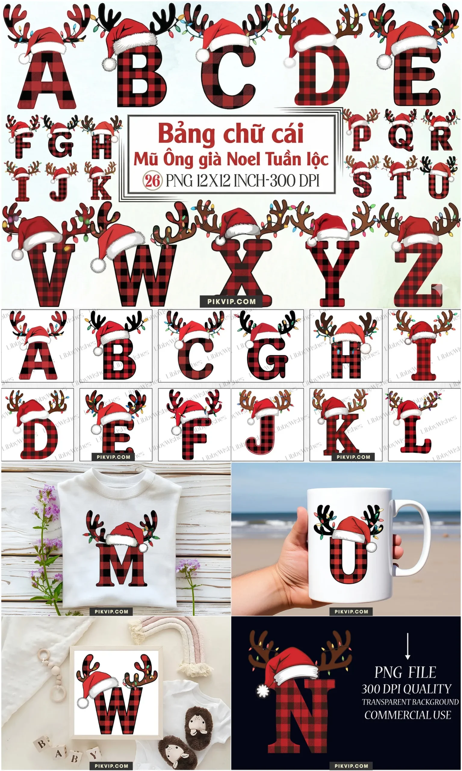 Bảng Chữ Cái Caro Đỏ Đen Sừng Tuần Lộc Kèm Mũ Santa