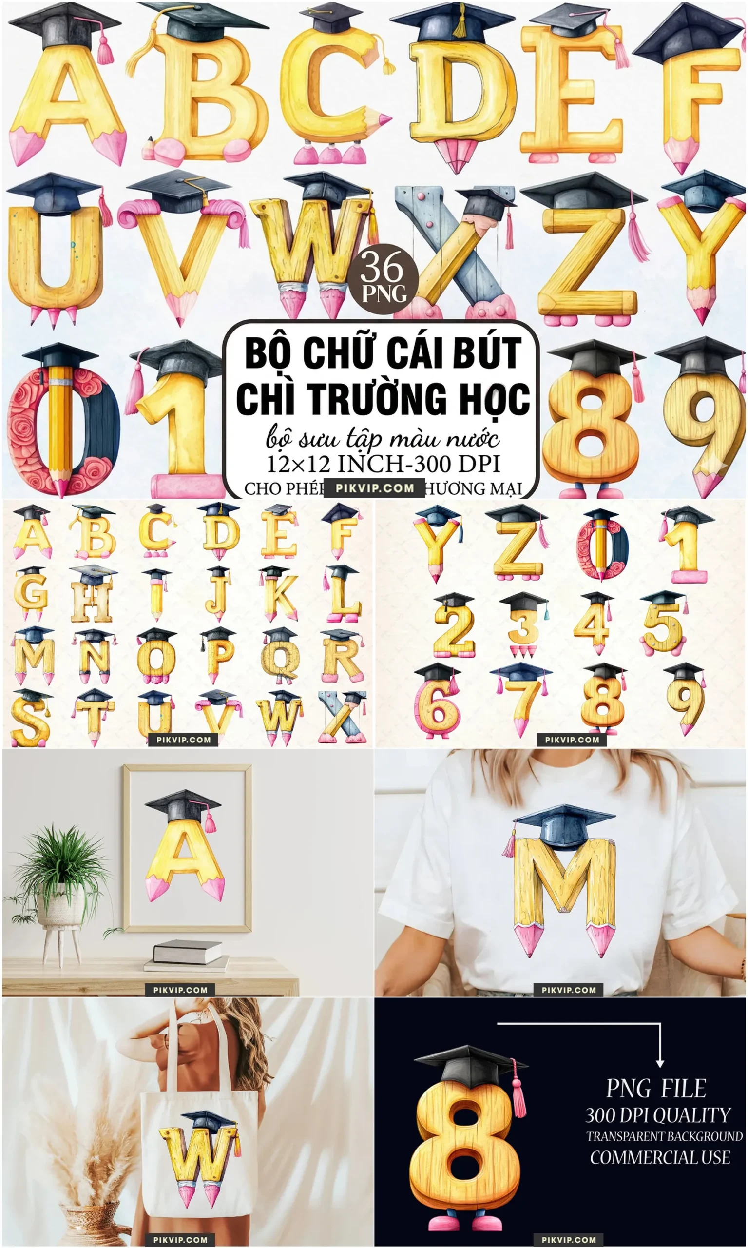 Bộ Chữ Cái Bút Chì Và Mũ Cử Nhân Mùa Tựu Trường