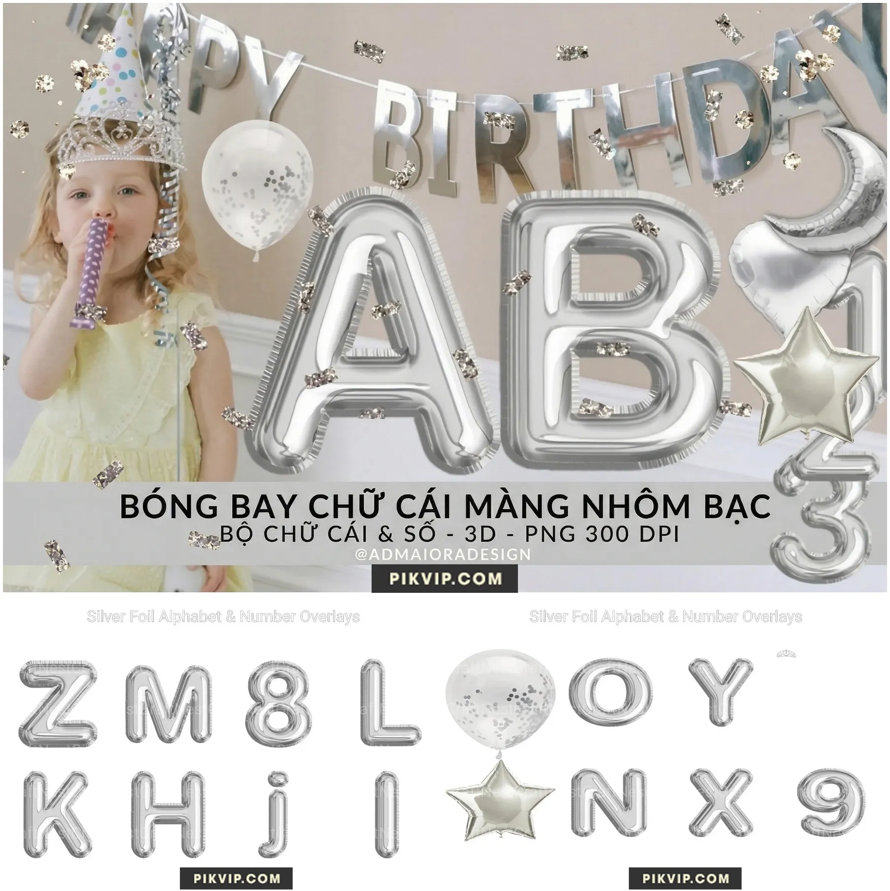 Bảng Chữ Cái Bóng Bay Màng Nhôm Màu Bạc 3D Cực Nét