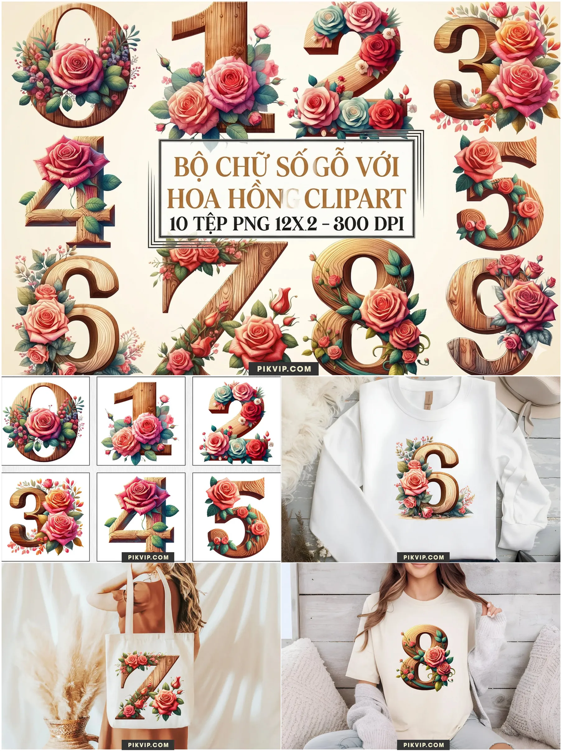 Bá» Chá»¯ Sá» Gá» VÃ¢n Ná»i KÃ¨m Hoa Há»ng Äá» PNG